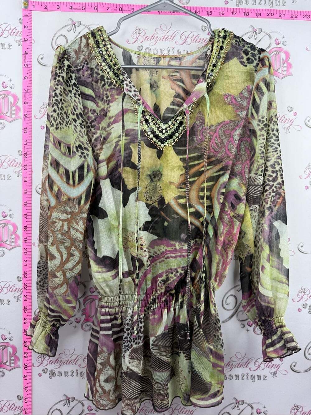 Shirt or mini dress beaded studs Printed V-Neck Long Sleeve Tunic in Multicolor